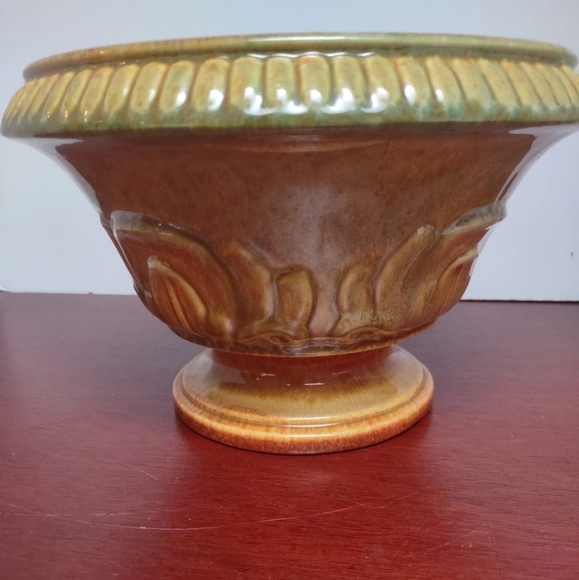 Haegar Vintage Mid Century Pottery Brown Green Glazed Pedestal Planter Vase #230 - Picture 3 of 11
